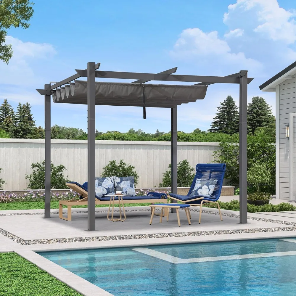 

10' x 10' Outdoor Retractable Pergola with Double Sun Shade Canopy Modern Grape Trellis Pergola Patio Aluminum for Deck Backyar
