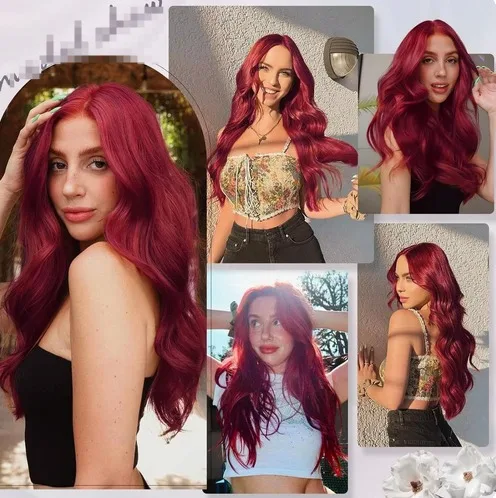 New wig fashion women's curly hair synthetic fiber high temperature silk head set wine red medium part long curly hair