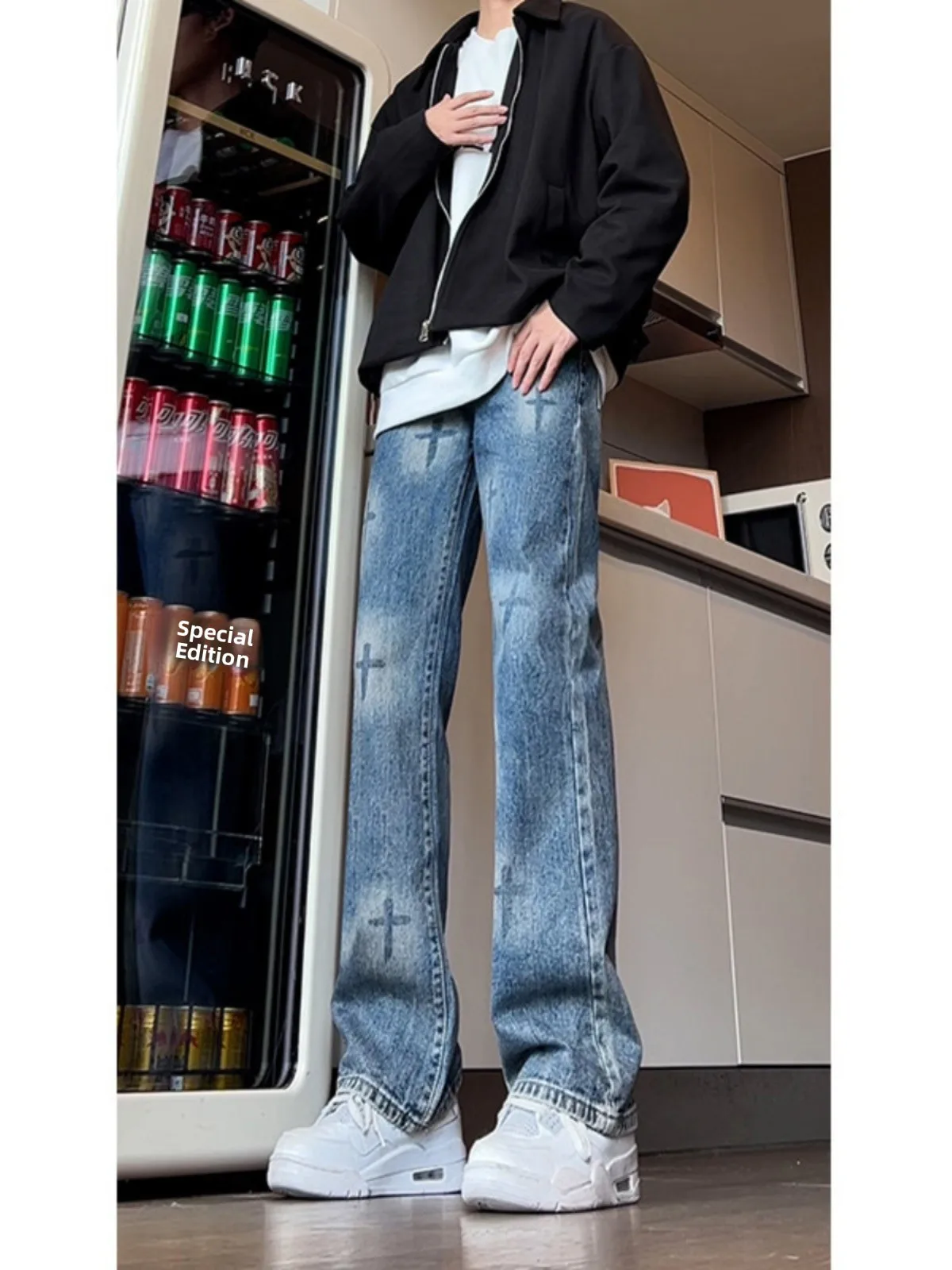 

American High Street Retro Blue Waed Cross Men's Jeans Casual adient Color Haome Streetwear Long Pants Straight Leg Fit