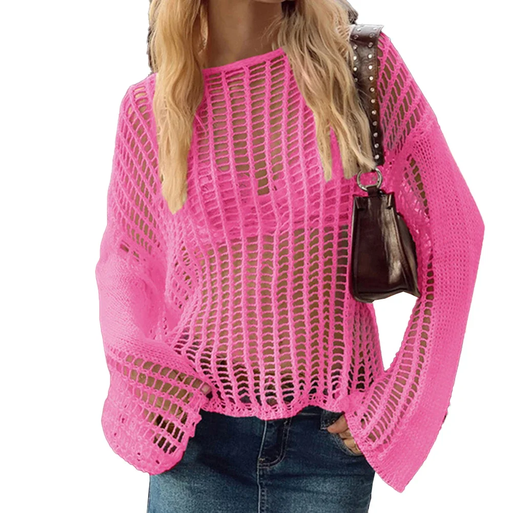 تغطية للشاطئ بأكمام طويلة محبوكة مفتوحة للنساء ، كروشيه صيفي ، قميص شمس