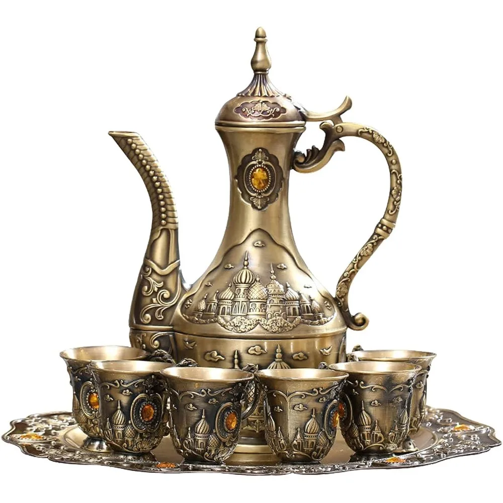 

Vintage Turkish Coffee Pot Set for 6 Including Tray and Teapot,Metal Cups,Teapot and Cup Set for One,Tea Service Set for Home