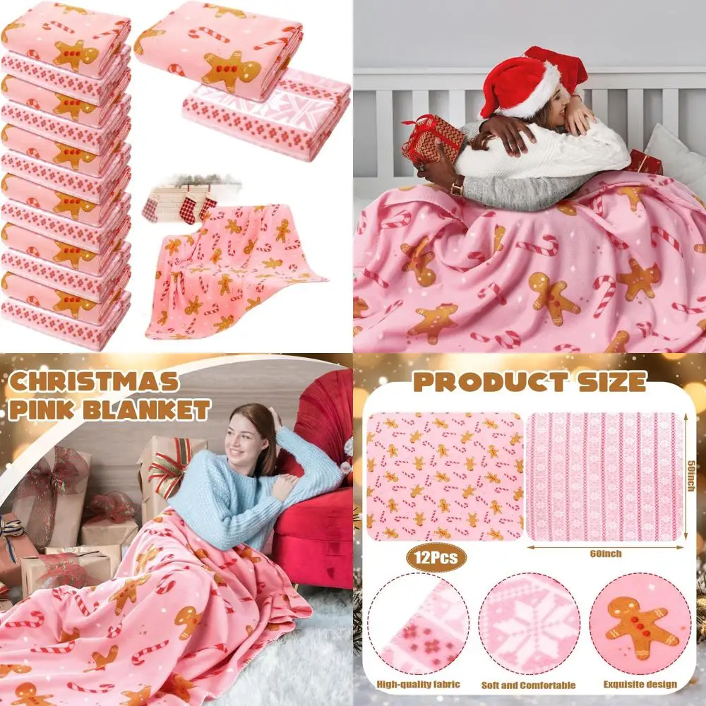 

Pack of 12 Pink Gingerbread Fleece Blankets, 50x60 Inches, Perfect for Christmas, Winter Holidays, and Cozy Home Use