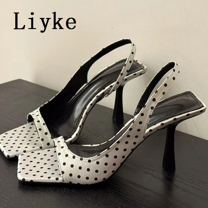 

Liyke New Design Polka Dot Silk Back Strap Sandals For Women Summer Fashion Square Open Toe High Heels Party Dress Female Shoes