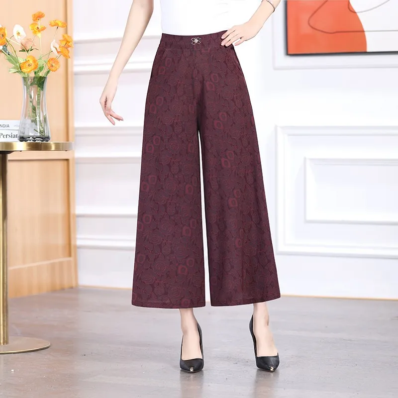 Jacquard Wide Leg Pants Women's Chinese Style High End Women's Pants Elastic Waist Casual Pants Sagging Straight Pants 5XL