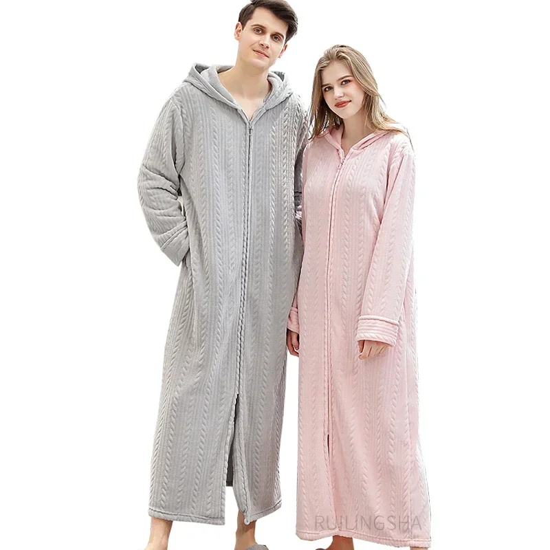 

Men Winter Extra Long Warm Flannel Bathrobe Hooded Zipper Plus Size Dressing Gown Women Coral Fleece Bath Robe Lovers Sleepwear