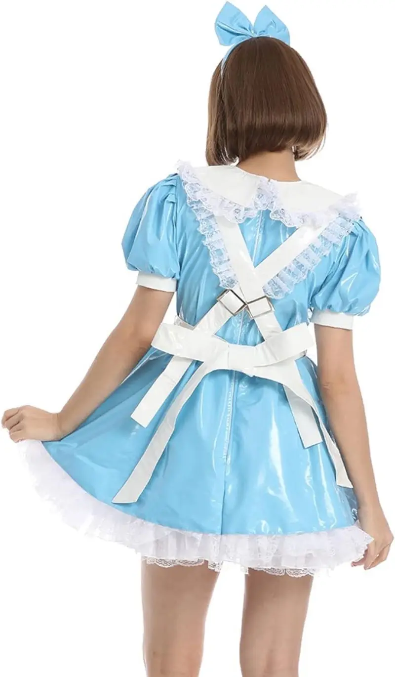 French Sexy Adult Customized Fetishism Crossdressing Sissy Sky Blue PVC Fluffy Bubble Sleeves Independent Cross Apron Dress