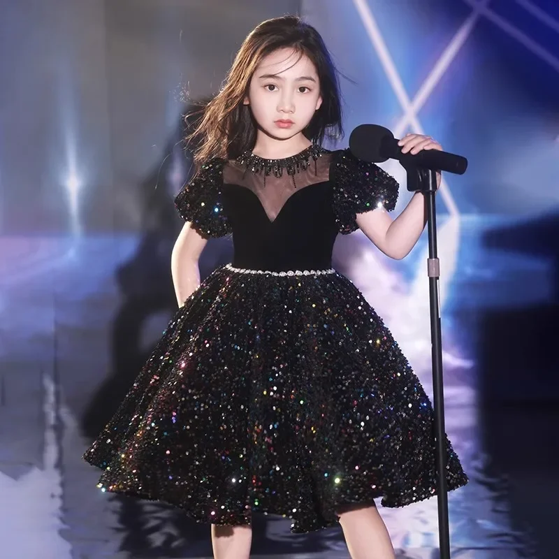 Children Knee Length Halloween Black Purple Girls Concert Performance Sequin Gown Teenage Kids Puffy Sleeve Lush Princess Dress