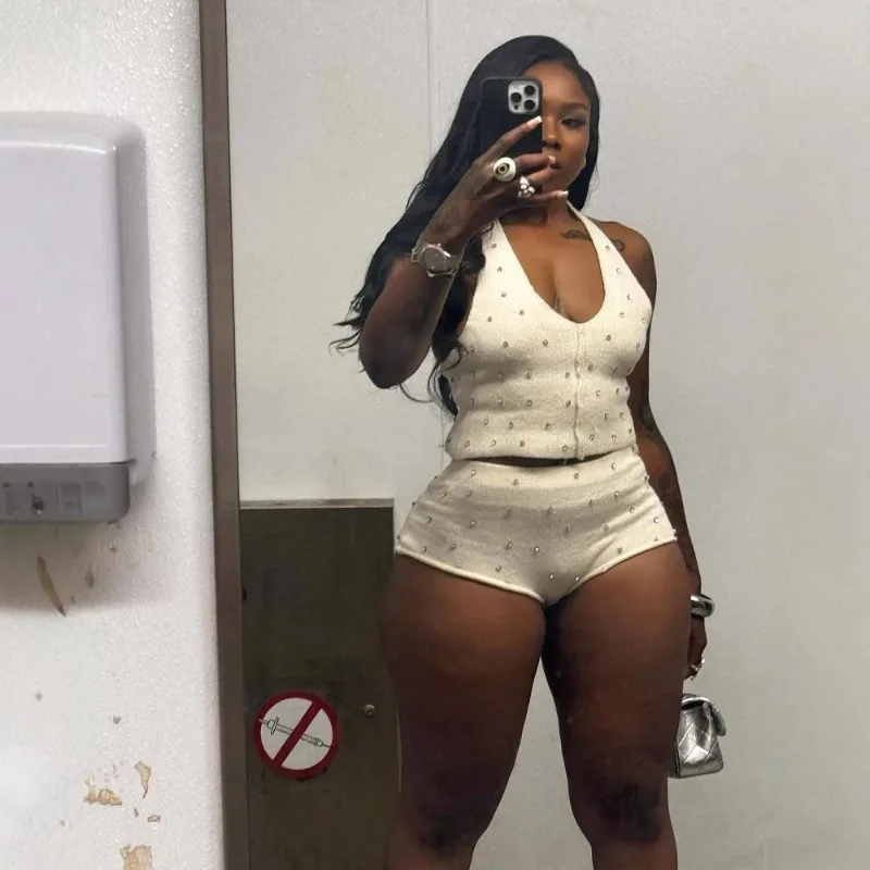 

Women Fashion Sexy Diamonds Knit 2 Piece Set Solid V-neck Lace Up Halter Backless Tank Crop Tops + High Waist Shorts Casual Suit