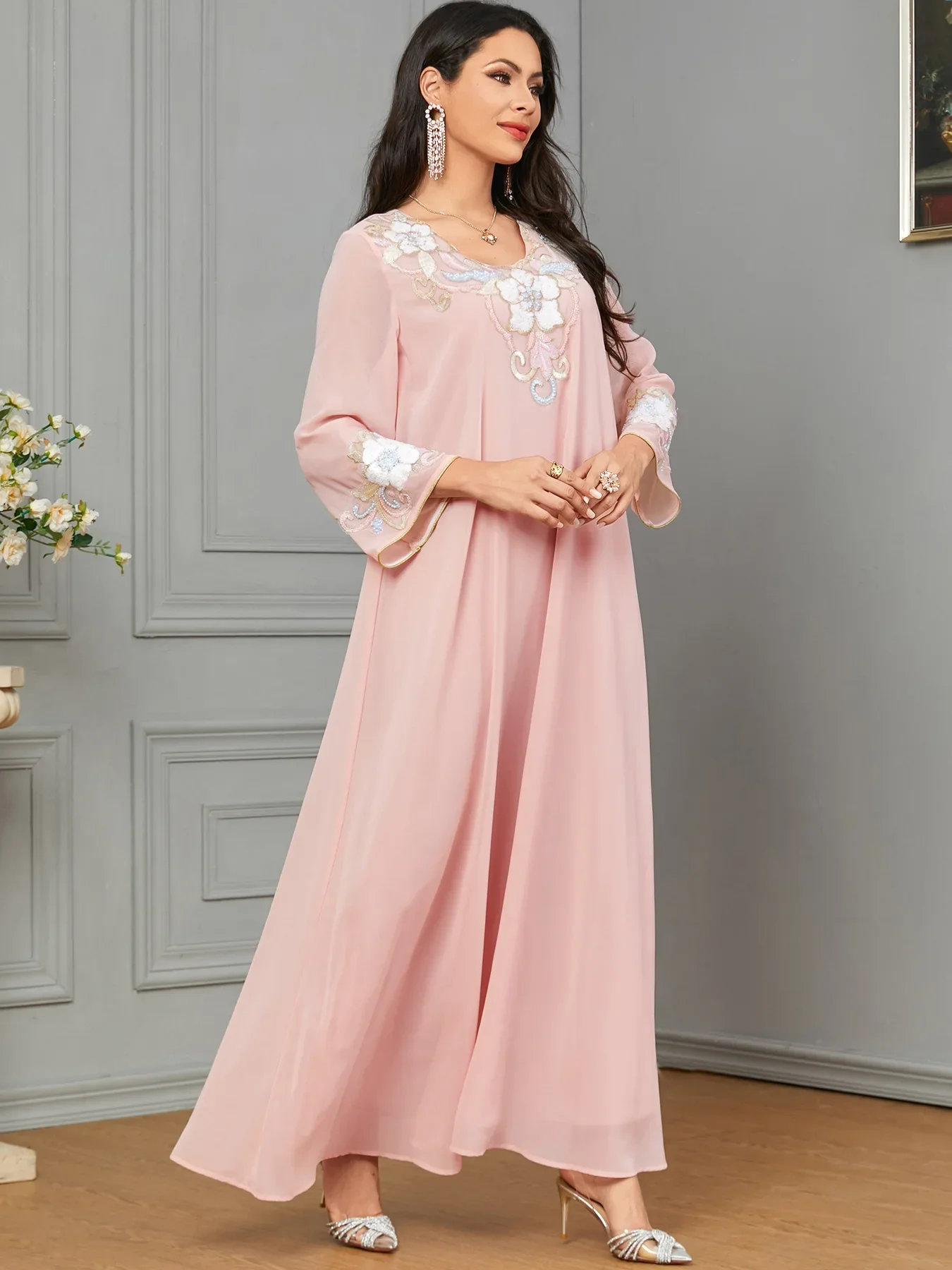 Eid Muslim Party Dress for Women Ramadan Abaya Long Dress Pink Elbise Morocco Kaftan Vestidos Largos Dubai Robe Jalabiya 2024