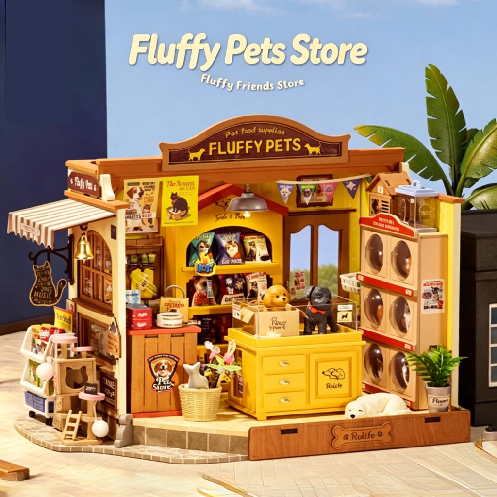 Wooden DIY Miniature Pet Shop Building Kit – Cute Animal Store Micro Scene Model with LED Lights, 3D Puzzle Craft Toy Gift