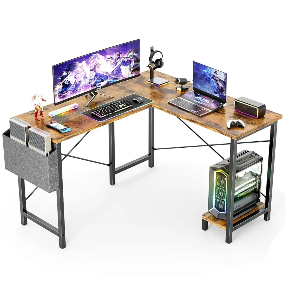 

L Shaped Computer Desk Wood Corner Pc Gaming Table With Side Storage Bag For Home Office Small Spaces