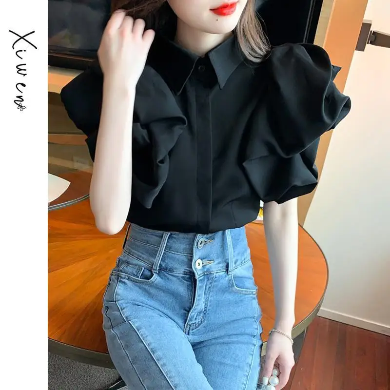 Vintage Turn-down Collar Puff Sleeve Blouse Women\'s Clothing Korean Fashion Pleated Solid Color Short Sleeve Women\'s Shirt Tops