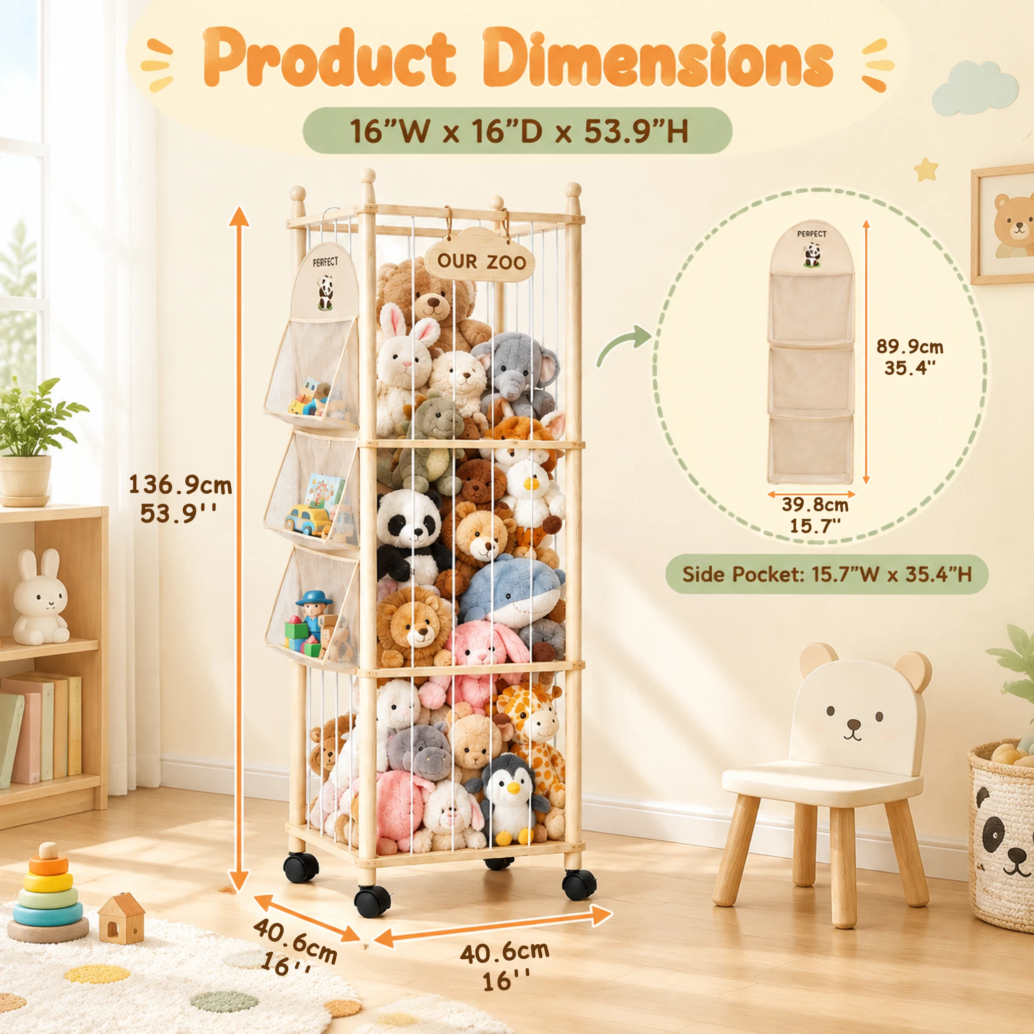 Organizador de peluches con forma de zoológico, soporte de madera para peluches con ruedas giratorias y sistema de cierre, organizador de juguetes 2 en 1 de gran capacidad con bolsillo de malla de 3 niveles en el lateral, placa identificativa personalizable, solución para ahorrar espacio y guardar peluches en la habitación de los niños.