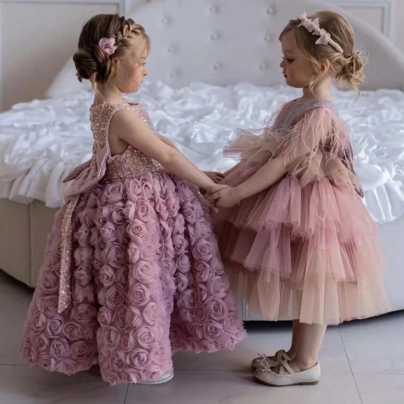 

Girls Princess Dresses New Pink Flower Girl Dress Sequined Ball Gowns Round Neck Bow Children's Birthday Gown Short Customized