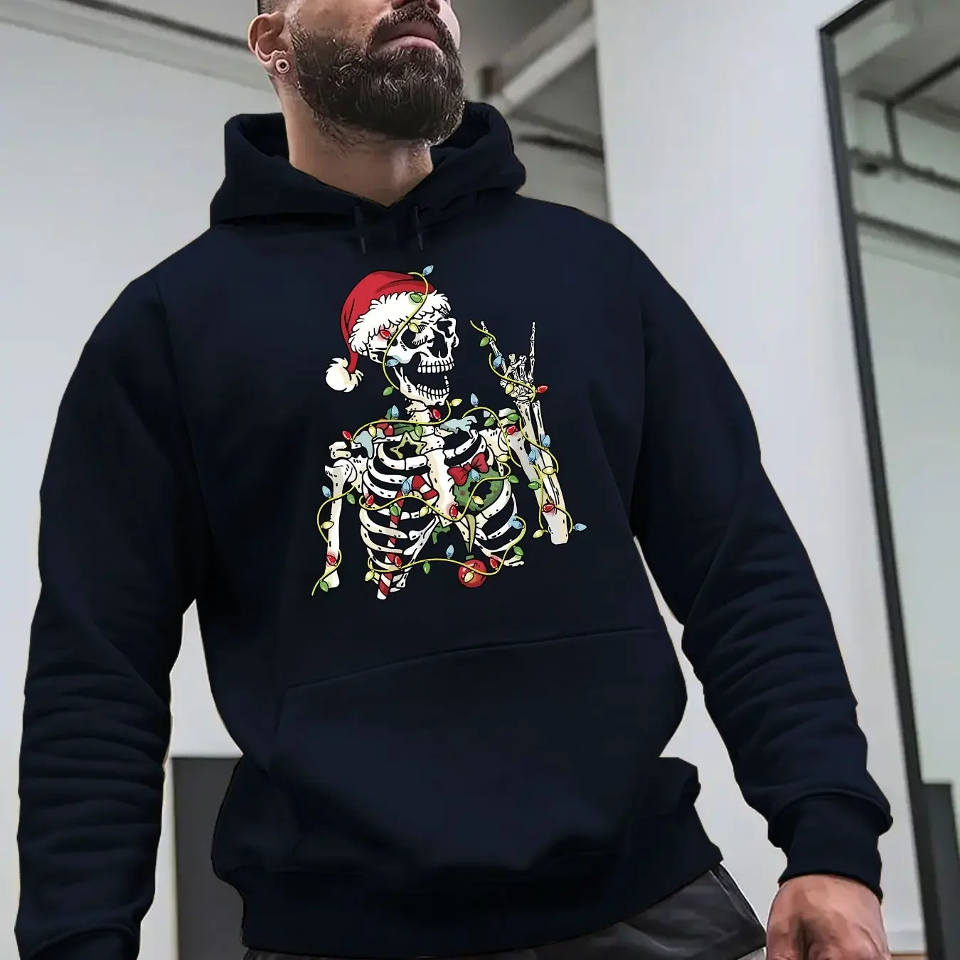Spooky Xmas Skull Skeleton Santa Cap Multicolor String Light Edgy Casual Holiday Hooded Sweatshirt Men Women Christmas Hoodie - view 3