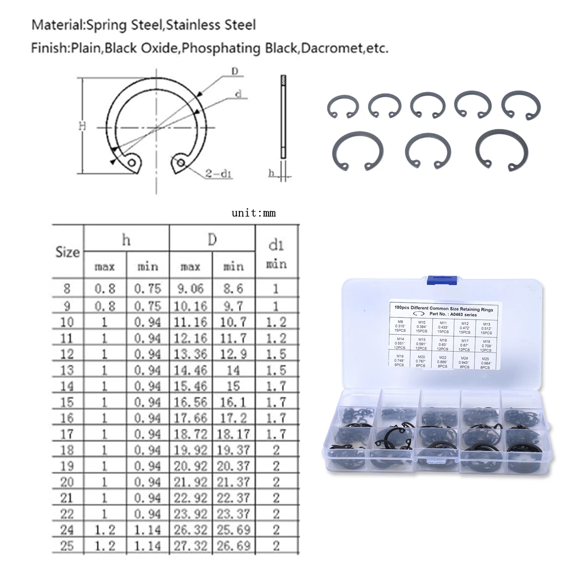 

15 Sizes Spring Steel Black Oxide Rust Resistant Automotive Industrial Tool Box Retaining Ring Snap Ring Kit Assortment