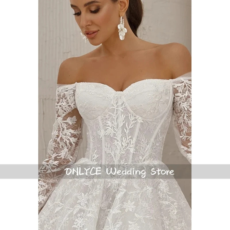 Customized White Lace Long Sleeve Wedding Dress Off the Shoulder Lace-Up Back vestidos de noche Mini A-Line robe de mariée