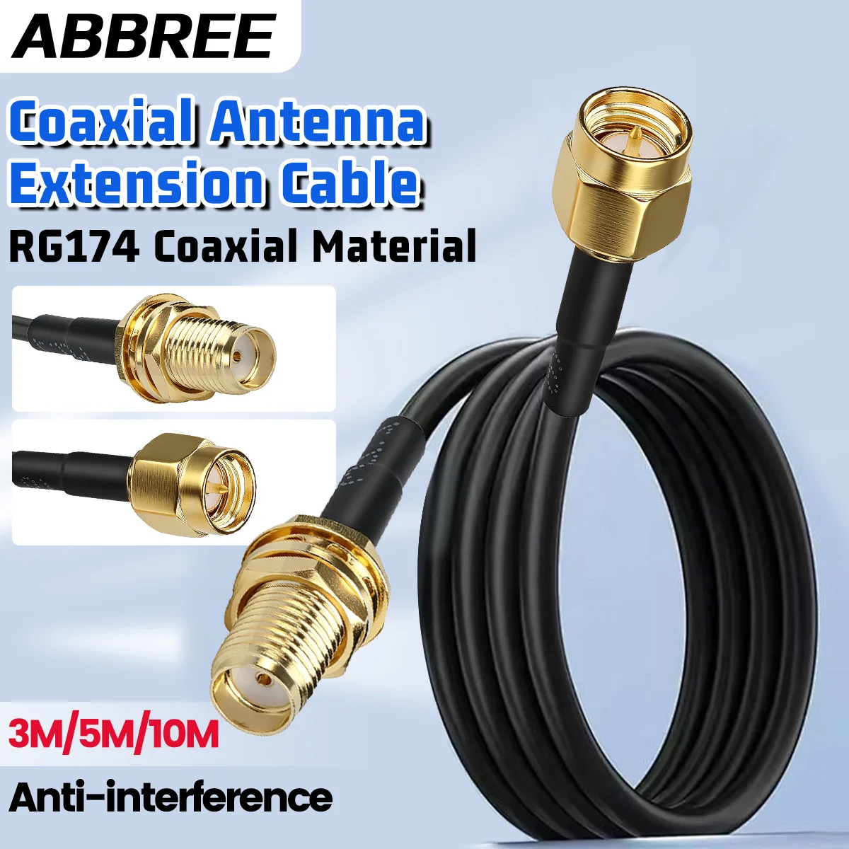 Cable de Extensión de Antena Coaxial ABBREE SMA a SMA, Cable Coaxial Macho a Hembra para Antena WiFi/Router/Tarjeta de Red RG174