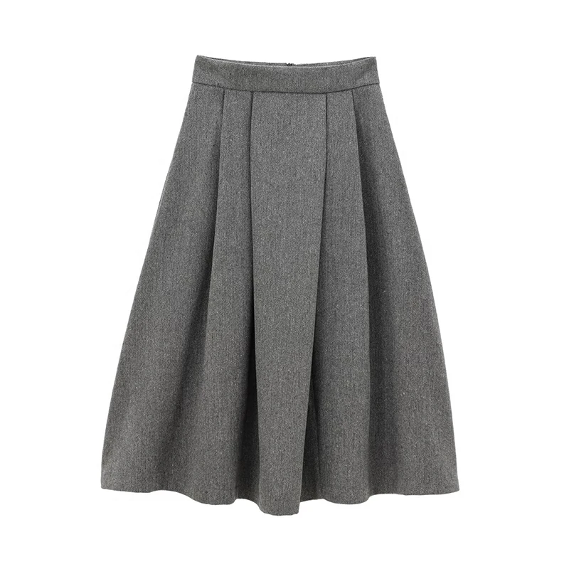 Office Lady Elegant Midi Skirt For Women Mid Waist Box Pleat A-line Autumn Winter Skirts Gray faldas mujer