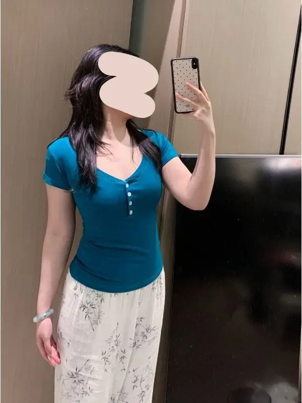 Retro American Shoulder V-neck Short Sleeve T-shirt Women's Slimming Summer Fashionable Casual Pure Color Cotton Blend Top