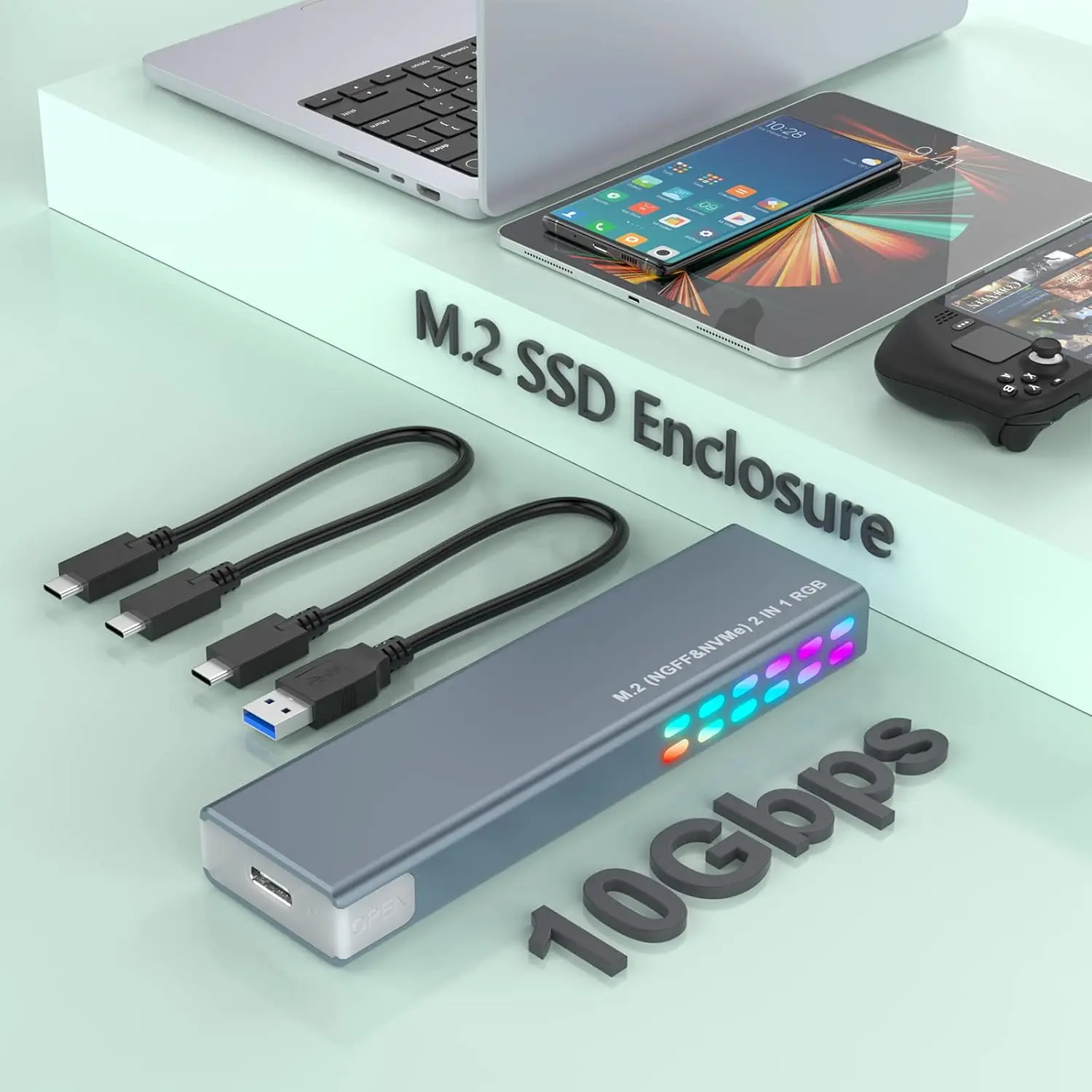 caixa-para-ssd-m2-nvme-e-sata-sem-necessidade-de-ferramentas-10gbps-usb-31-gen2-aluminio-rgb-ngff-suporta-chaves-m-e-b-m-com-cabos-usb-c-e-usb-a