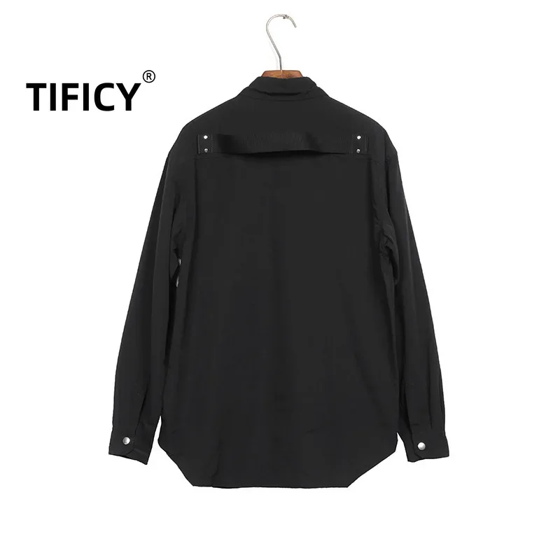 High Street Shirts Top Autonomous Dark Runway RO Black Workwear Woven Belt Shirt Loose Long Sleeved Shirt Casual  Men Clothing