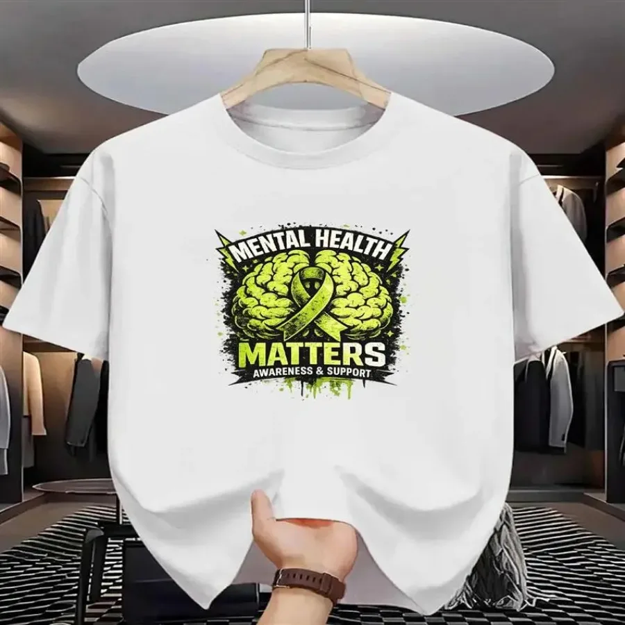 【New style】Mental Health Awareness Men's Cotton TShirt Brain Ribbon Support Print Pattern Pure Cotton Premium Print Durable Cas