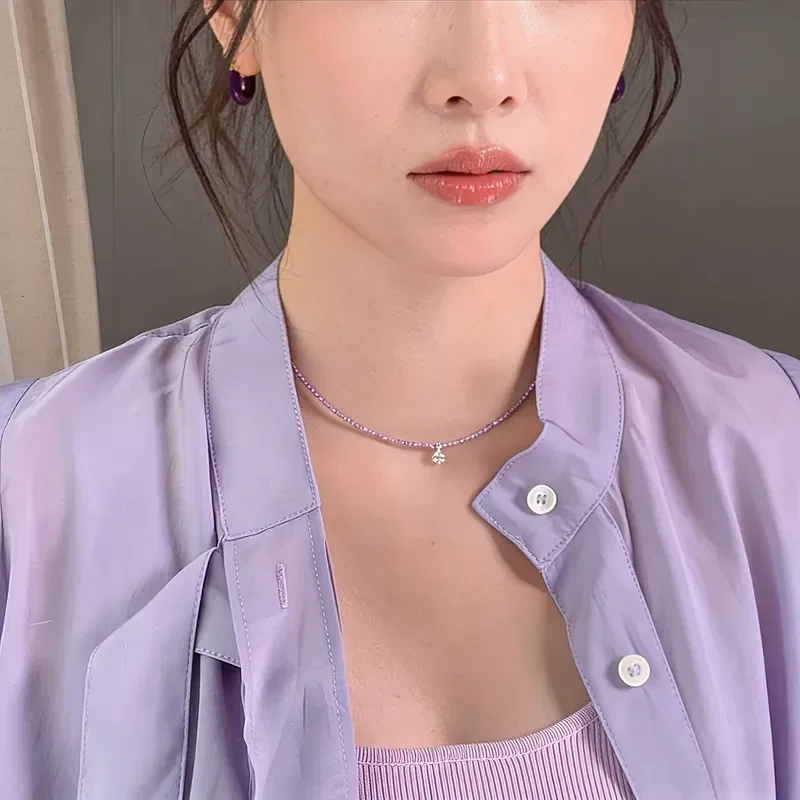 Lavender purple beaded zircon necklace light luxury niche collarbone chain women's high sense commuting versatile neck chain