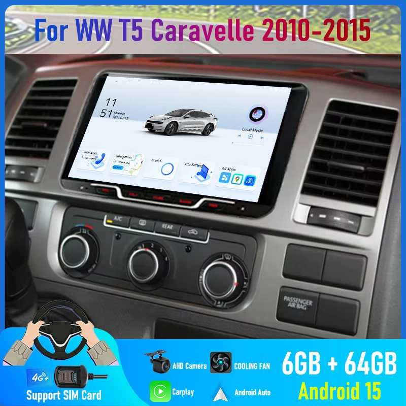 9'' 4G SIM Android 15 Auto GPS For VW T5 Caravelle 2010-2015 Car Radio Steering Wifi Wheel Control Head Unit 2DIN Google Map FM