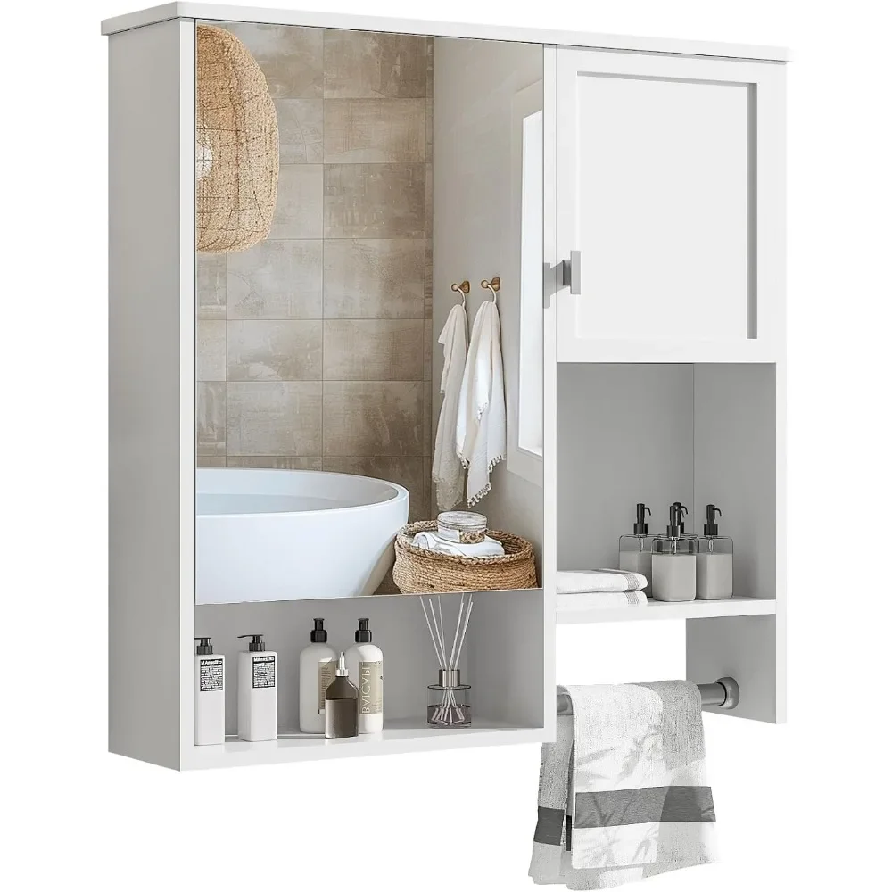 

Medicine Cabinet for Bathroom, Wall Mount Bathroom Cabinet with Mirror, Open Shelf, and Towel