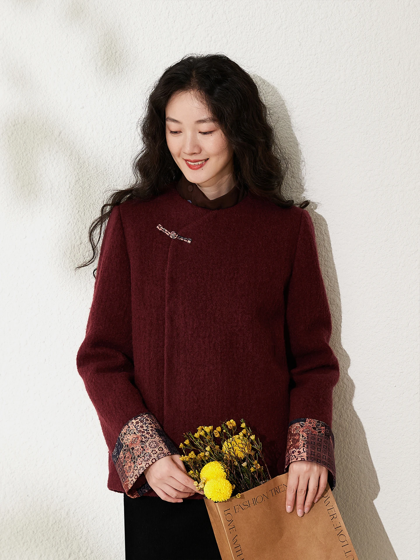 

Ru Original 00 Wool Thiened Long Sve round Ne Design Sensation New Chinese Sle Women's Outerwear Autumn Winter Top