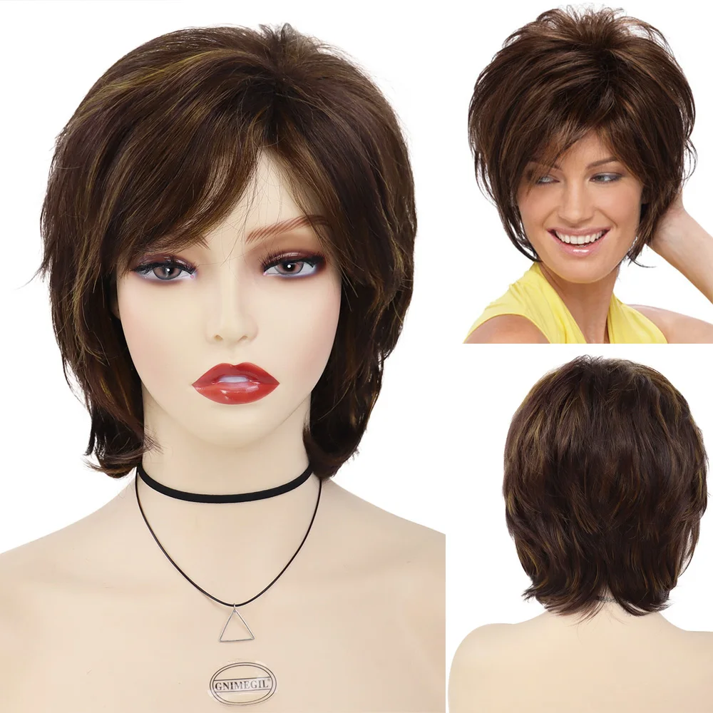 

Synthetic Women's Short Bob Wig with Bangs Brown Wigs Natural Soft Hair Daily Casual Mother Wig Costume Party Heat Resistant