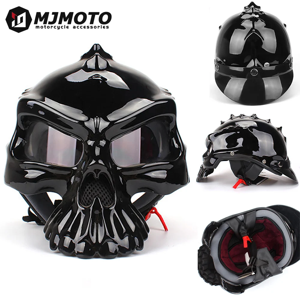

Retro Cool Motorcycle Half Face Helmet Durable ABS Shell UV Protection HD Lens Black Vintage Skull Motorbike Helmet DOT Approved
