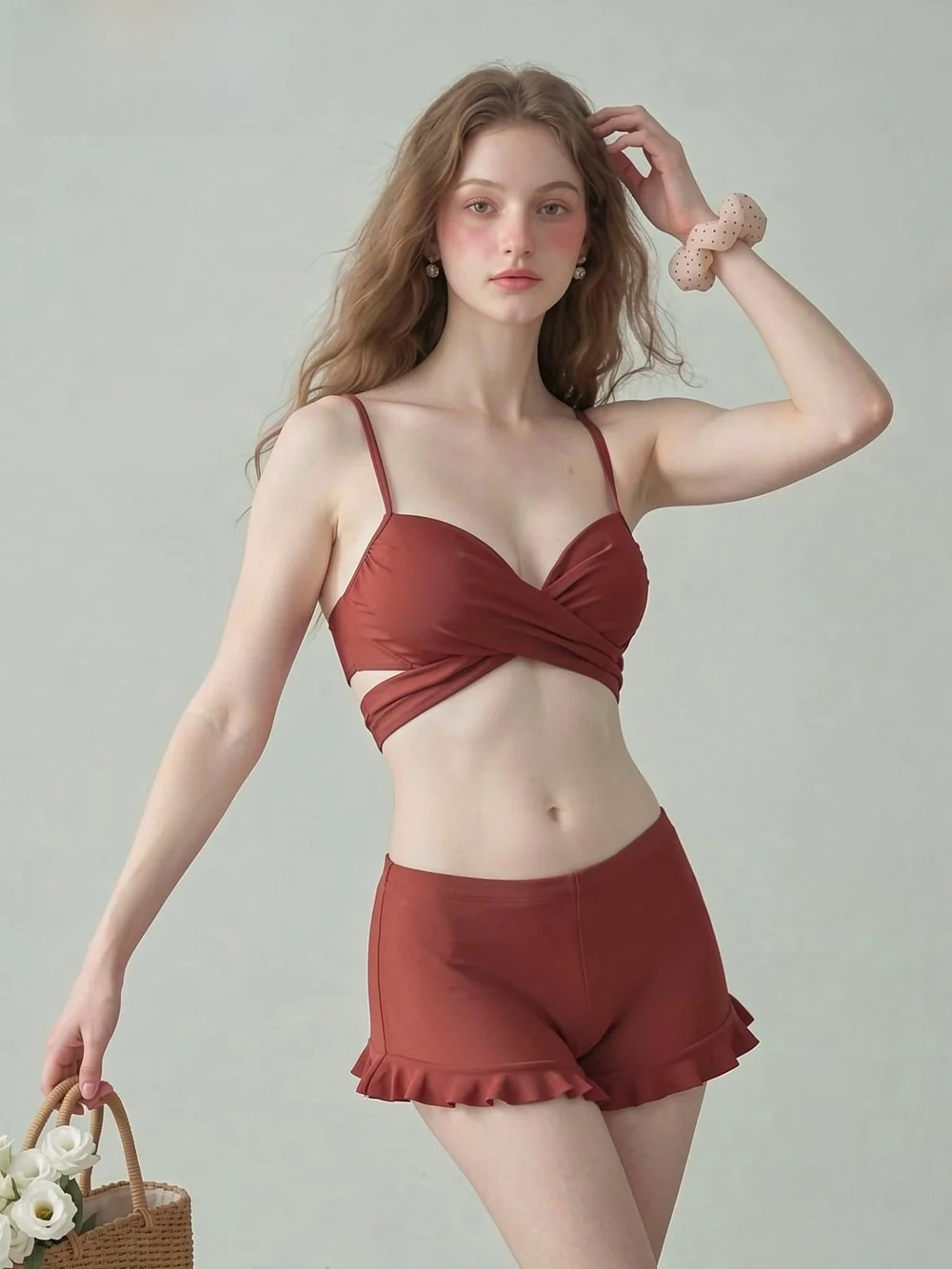 Floral Three-Piece Bikini Set 2026 New Style Slimming Swimsuit Women's Conservative Separate Hot Spring Polyester Spandex