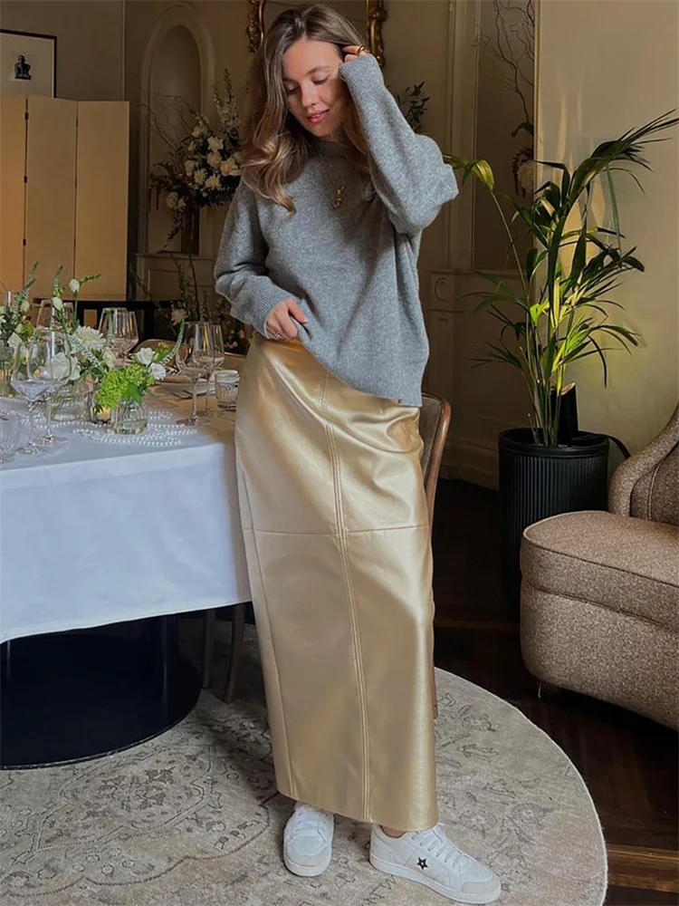 

Tossy PU Metallic Shiny Long Skirt Female High Waist Patchwork Split Streetwear Solid Ladies Summer Maxi Skirt Vintage Clothes