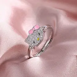 Sanrio Hello Kitty Diamond Open Ring Girlfriend Cute Stainless Steel Rings Kitty Rings for Girls Ladies Party Wedding Gifts