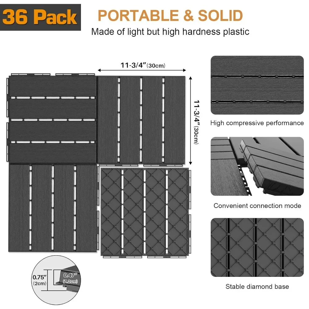 Interlocking Plastic Deck Tiles, 36-Piece Set for Balcony, Waterproof Outdoor Patio Flooring, 12x12 All-Weather Use