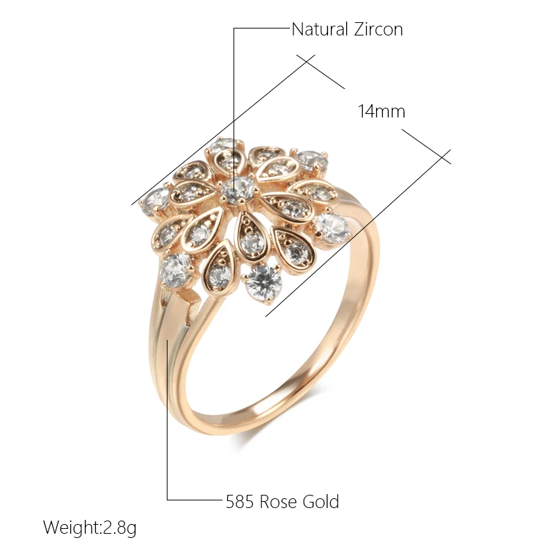 Kinel New Natural Zircon Crystal Flower Ring for Women 585 Rose Gold Color Fine Ethnic Bride Ring Vintage Wedding Jewelry