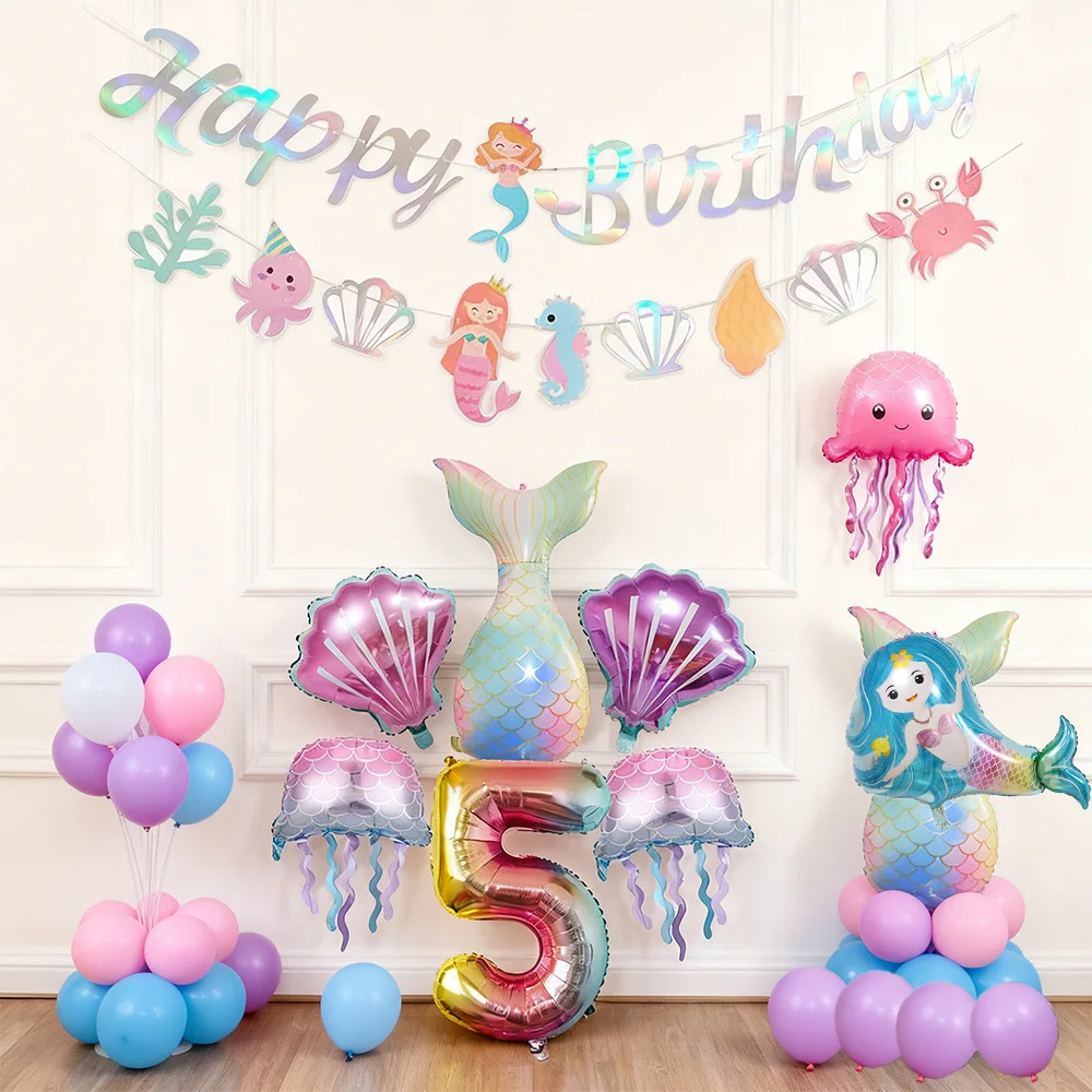Meerjungfrauen-Banner-Deko, Meerjungfrauen-Folienballon, Meerjungfrauen-Digital-Geburtstagsballon-Deko, Babyparty, 1. bis 9. Geburtstag, Partydekoration