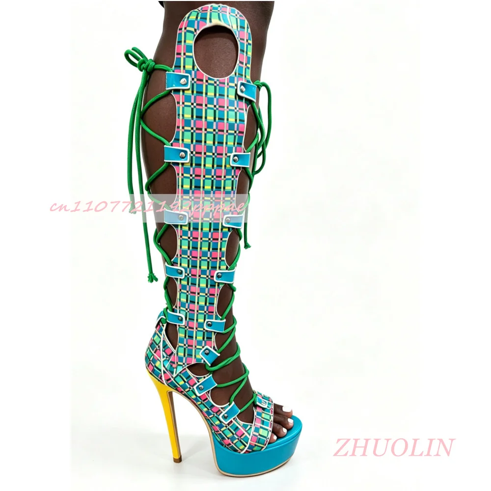 

Summer Mixed-Color Printed Cross-Strap Platform Shoes Open-Toe Stiletto Heels Cage-Like Knee-High Boots Trendy Gladiator Sandals