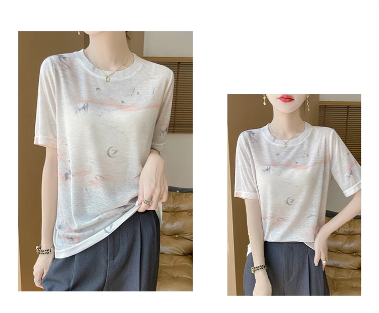 Summer Round Neck Acetic Acid Satin Short Sleeve T-shirt Women's Simple Half Sleeve White Blouse With Thin Inside