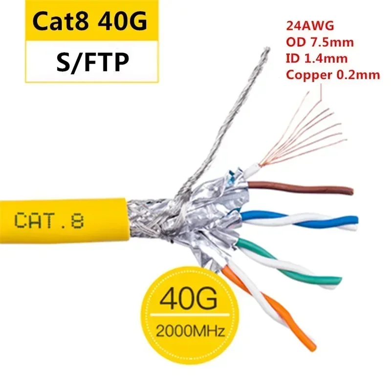 Kabel Ethernet kabel sieciowy Cat8 RJ45 CAT 8 40G 2000MHz S/FTP instalacja z podwójną osłoną 22AWG 24AWG kabel sieciowy Lan