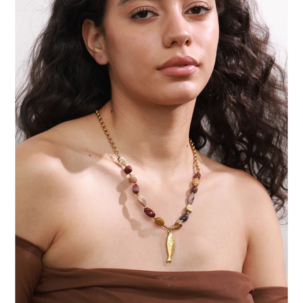 Natural Stone Beaded Fish Pendant Necklace - Stainless Steel Chain