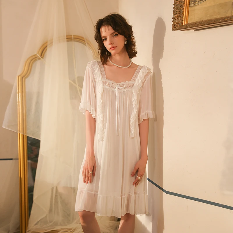 

Sexy Lace Nightgown White Mesh Pajamas Dress Women Retro Ruffles Loose Sleepwear Mid Sleeve Nightwear Princess Sweet Night Dress