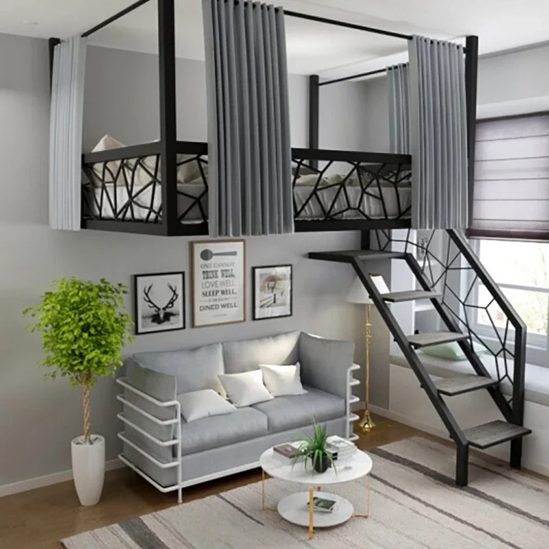 Simple hammock loft style bed, overhead wrought iron hanging bed, duplex second floor, small raised