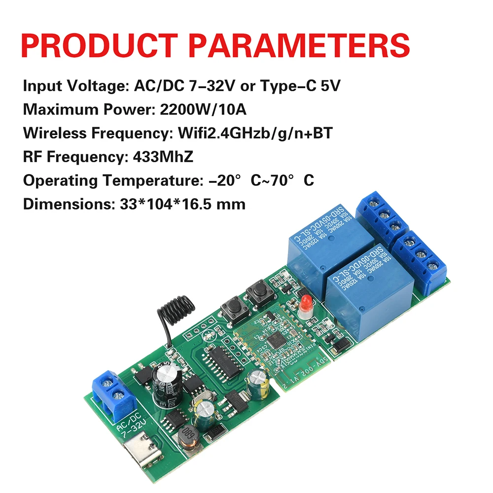 

AC/DC 7-32V/Type-C 5V BT WIFI Relay Switch Module 2 CH Jog Inching Self-Locking Module Wireless Smart Home Switch Voice Control
