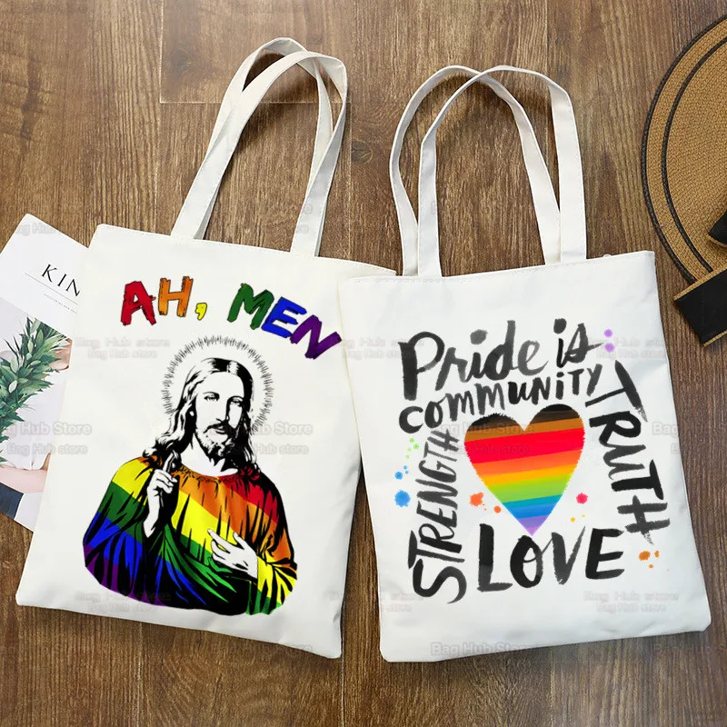 Saco de lona com lgbt para mulheres, bolsa de ombro, arco-íris, orgulho, gay, bissexuais, compras, engraçado