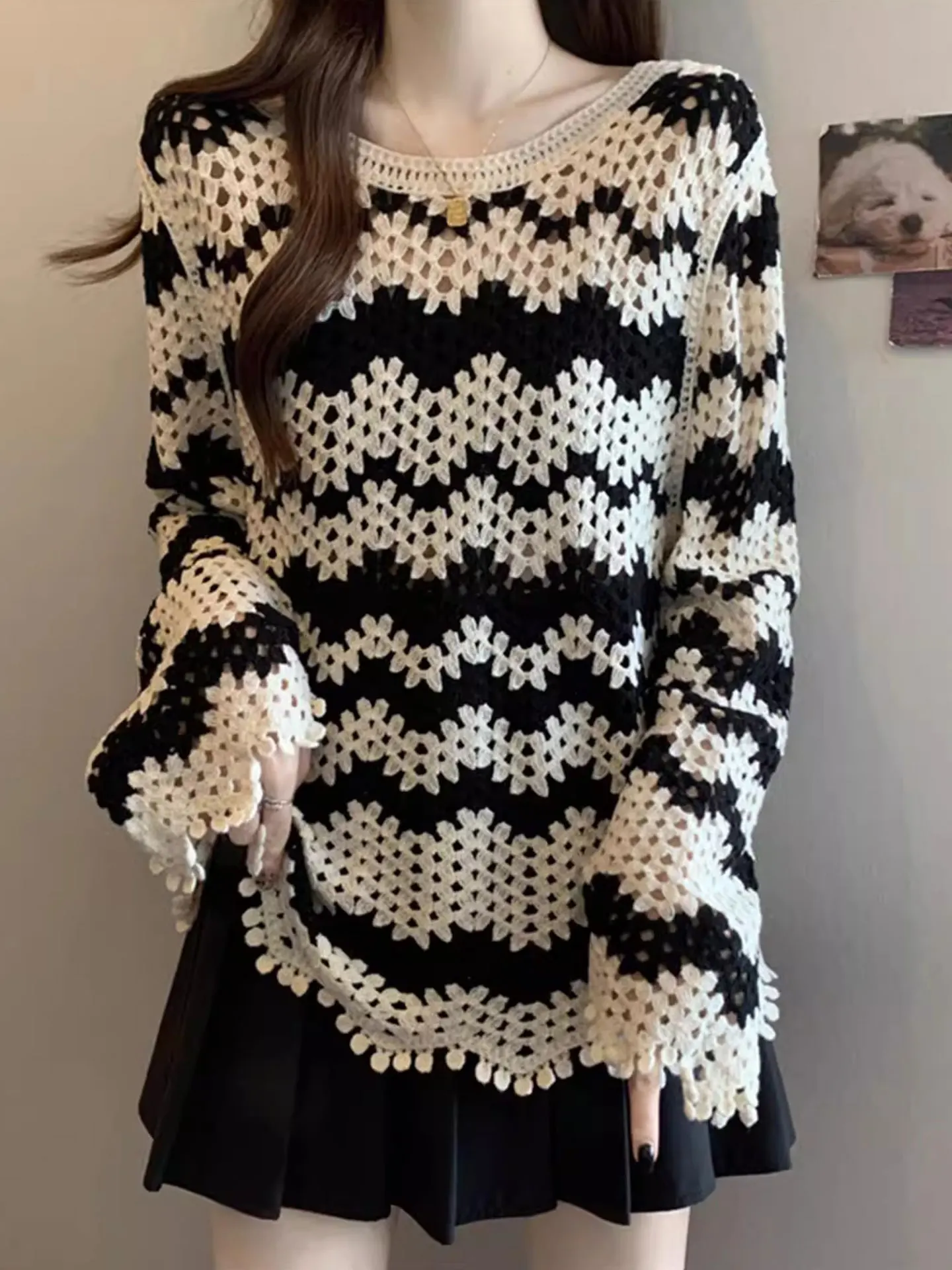 

Long Sve Knitted Sweater Hollow out Loose Fit Autumn Winter plus Size Women's Casual Sle Faionable Top Casual Wear