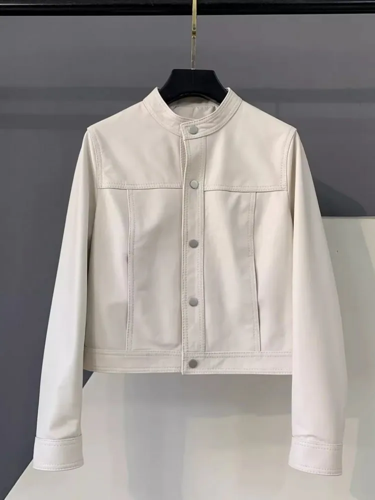 Manteau court en cuir véritable de mouton pour femme, simple boutonnage, col montant, veste de moto Vintage, mode dames, automne hiver