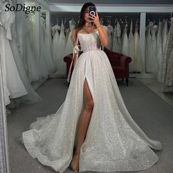 SoDigne A-line Glitter Tulle Wedding Dresses Sleeveless Split Shiny Bridal Dress for Women Long Elegant Wedding Gown Customized